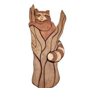Intarsia Marquetry Raccoon in Tree Wall Hanging Vintage Handmade